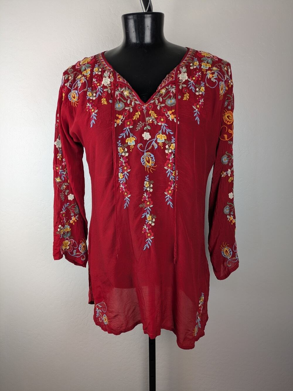 Johnny Was red colorful floral embroidered tunic top long sleeve rayon